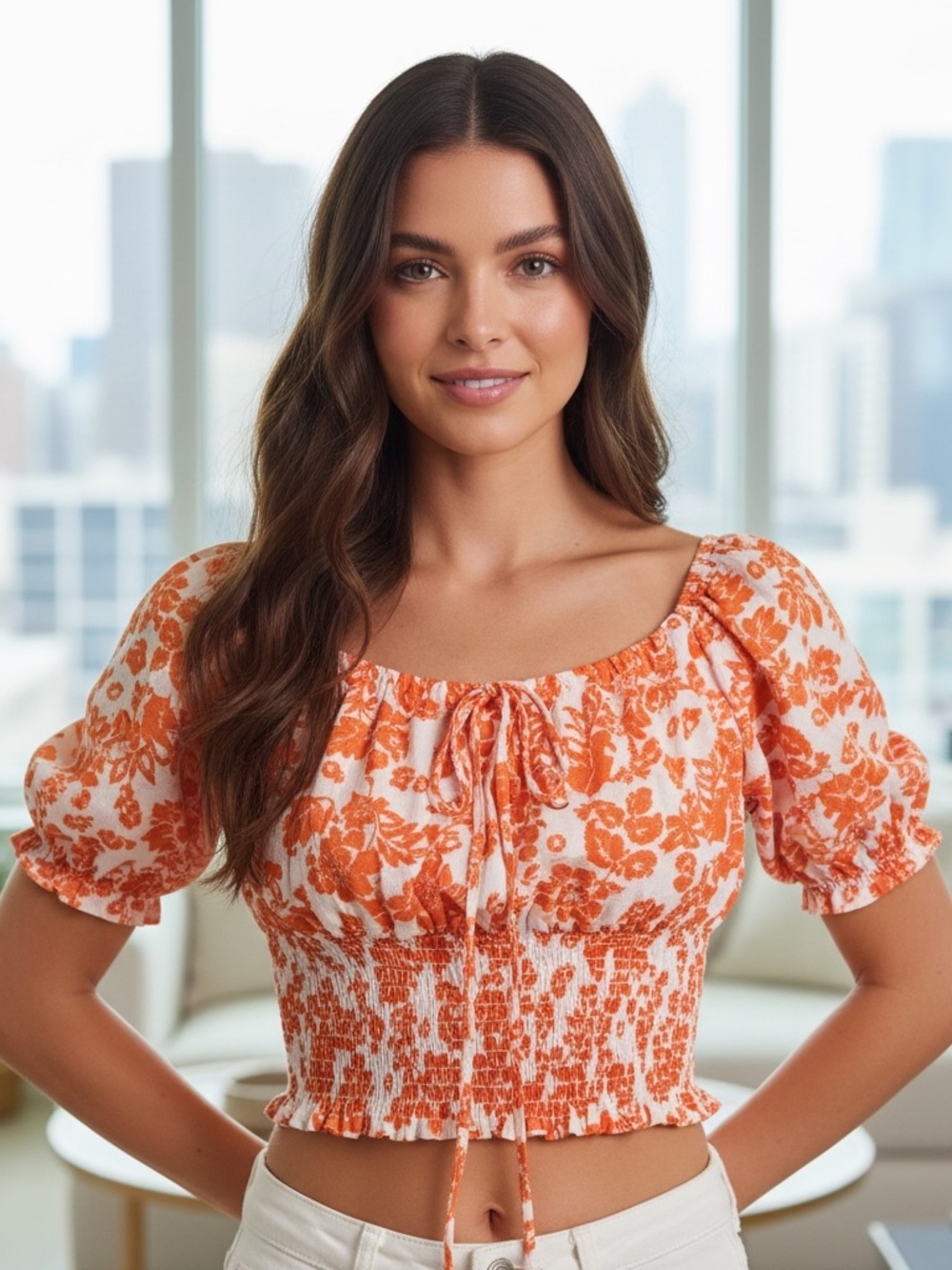 Lumiere Orange and White Puff Sleeve Smocked Blouse